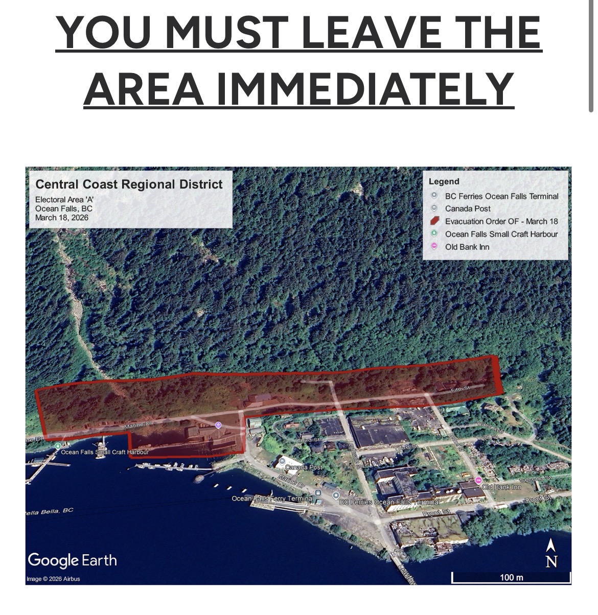 Serious landslide risk for Ocean Falls prompts evac order
